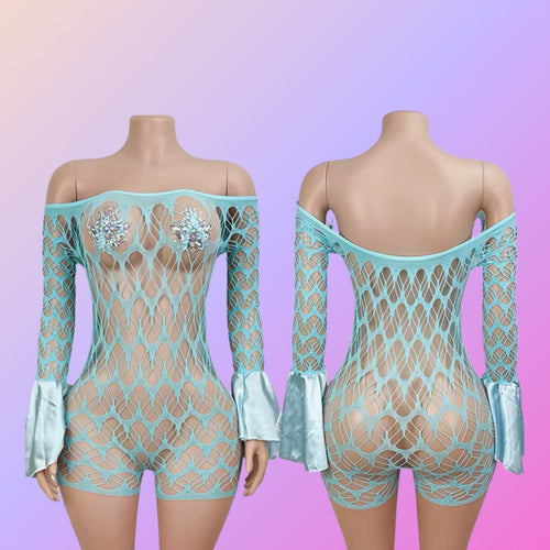 Flare wrist long sleeve mesh body stocking