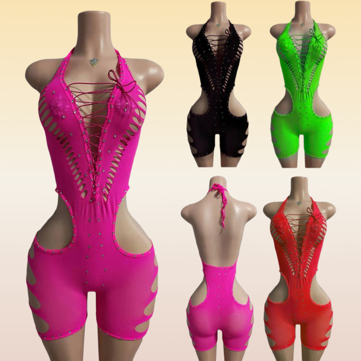 Cutout Hip Halter Top Shorts One Piece